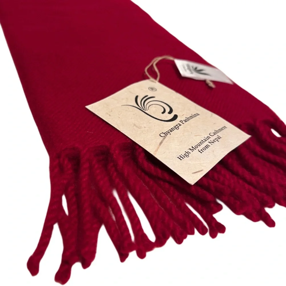 NWT Chyangra Pashmina 100% Pure 4-Ply Cashmere Scarf Handmade Nepal COA-PURE RED